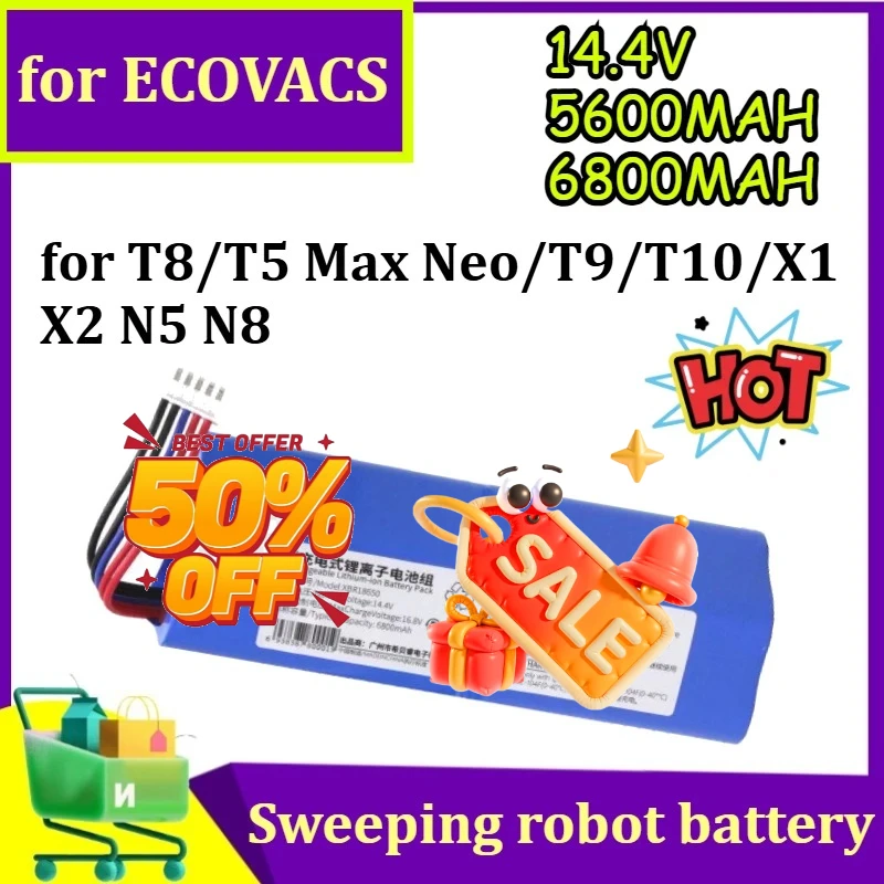 

Новая литиевая батарея 14.4V 5600MAH/6800MAH для робота-пылесоса ECOVACS T8/T5 Max Neo/T9/T10/X1 X2 N5 N8