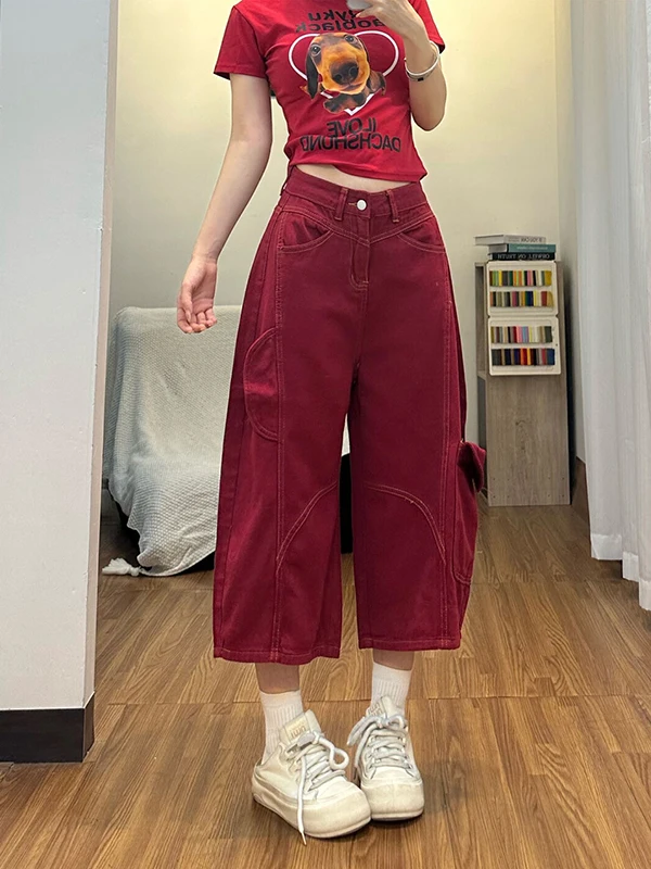 

American Retro Red ket Workwear Seven-Quarter Length High Waist Wide Leg Straight Cut orts for Women Summer Eight-Quarte...