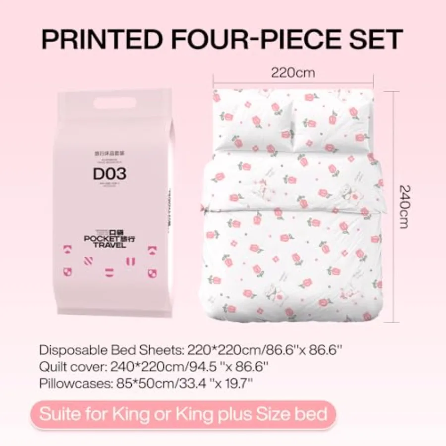 Portable Disposable King Size Bedding Set for Travel: Includes Bed Sheets Quilt Cover and 2 Pillowcases Ideal for Hotels Campin