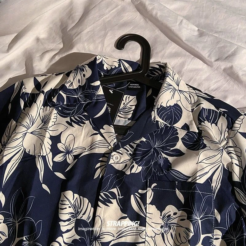 Vintage Cuban collar floral shirt for men and women loose Hong Kong style design couple beach short-sleeved shirt men clothing