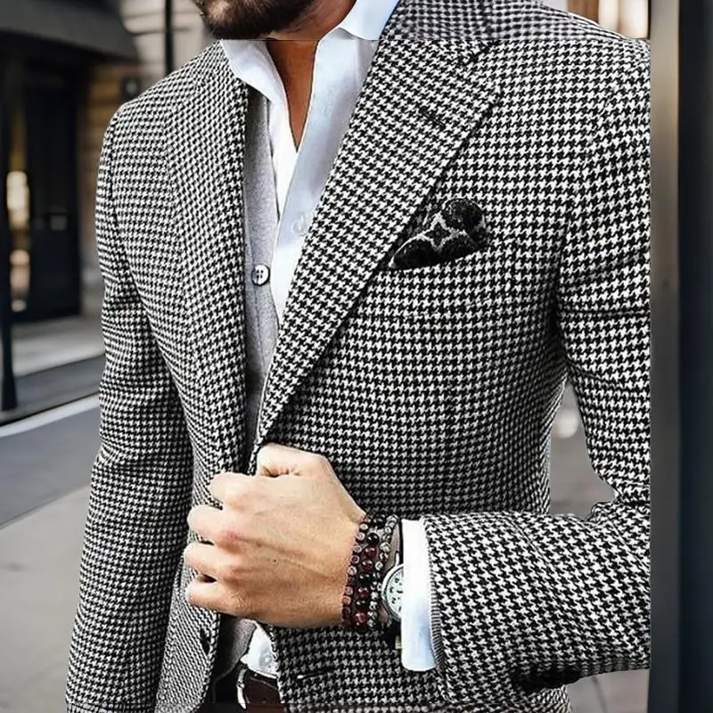 Slim Fit Men\'s Blazer Houndstooth Casual Italian Style Man Suit Jacket Notched Lapel 1 Pc Check Wedding Coat for Prom Party 2024