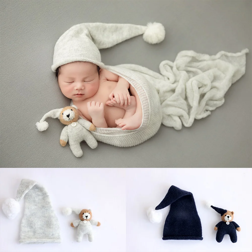 Knitted Hats for 0-1 Month Babies Bear Dolls Newborn Photography Props Baby Bonnet Stuffed Animal Studio Photo Shoot Accessories