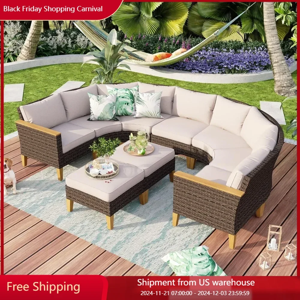 9 Pieces Wicker Patio Furniture Set, All-Weather Rattan Outdoor Half-Moon Curved Sectional Sofa Set for Garden, Backyard