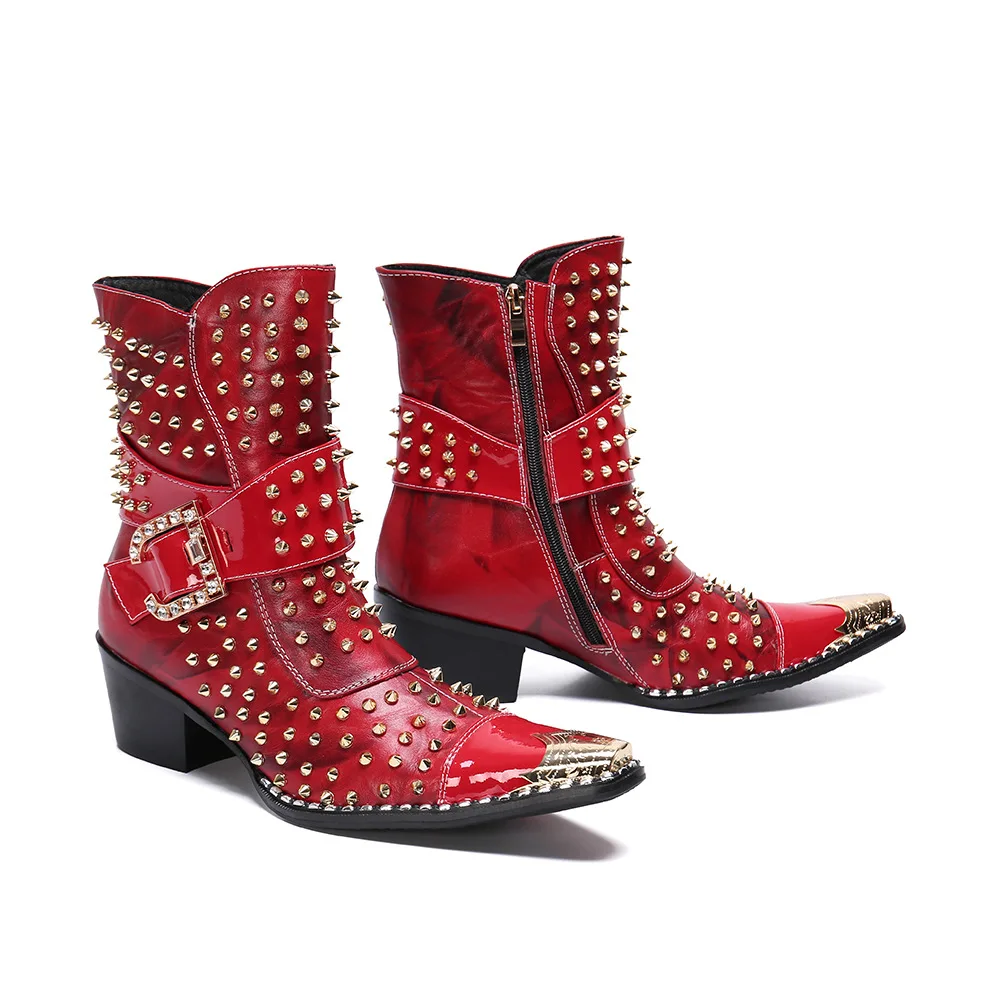 Genuine Leather British Style Punk Rivet Knight Boots Top-grain Leather Men Metal Pointed Toe Thick Heel Motorcycle Ankle Boots