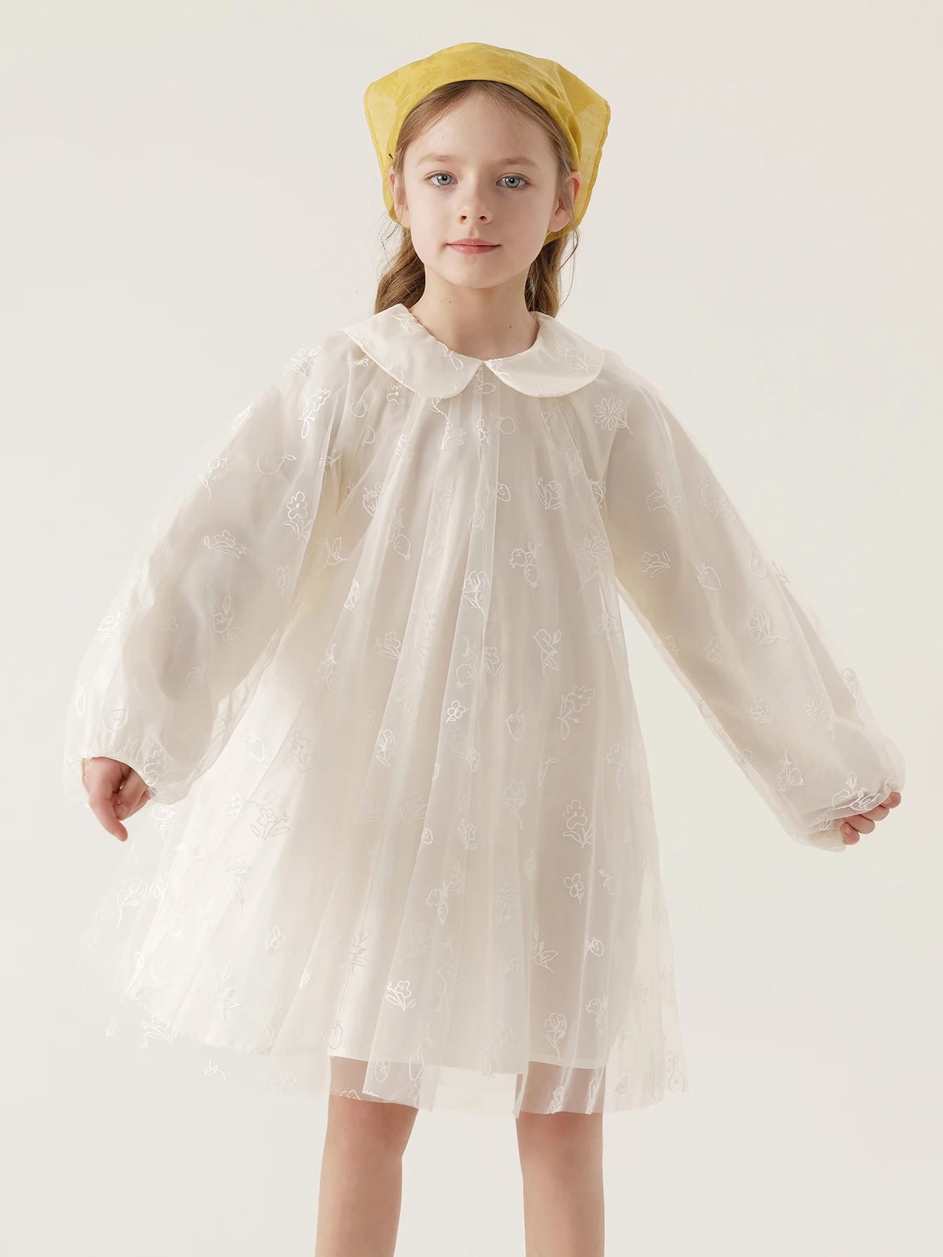 

MARC&JANIE Girls Sweet Embroidered Flower Doll Neck Mesh Dress for Spring& Autumn 240158