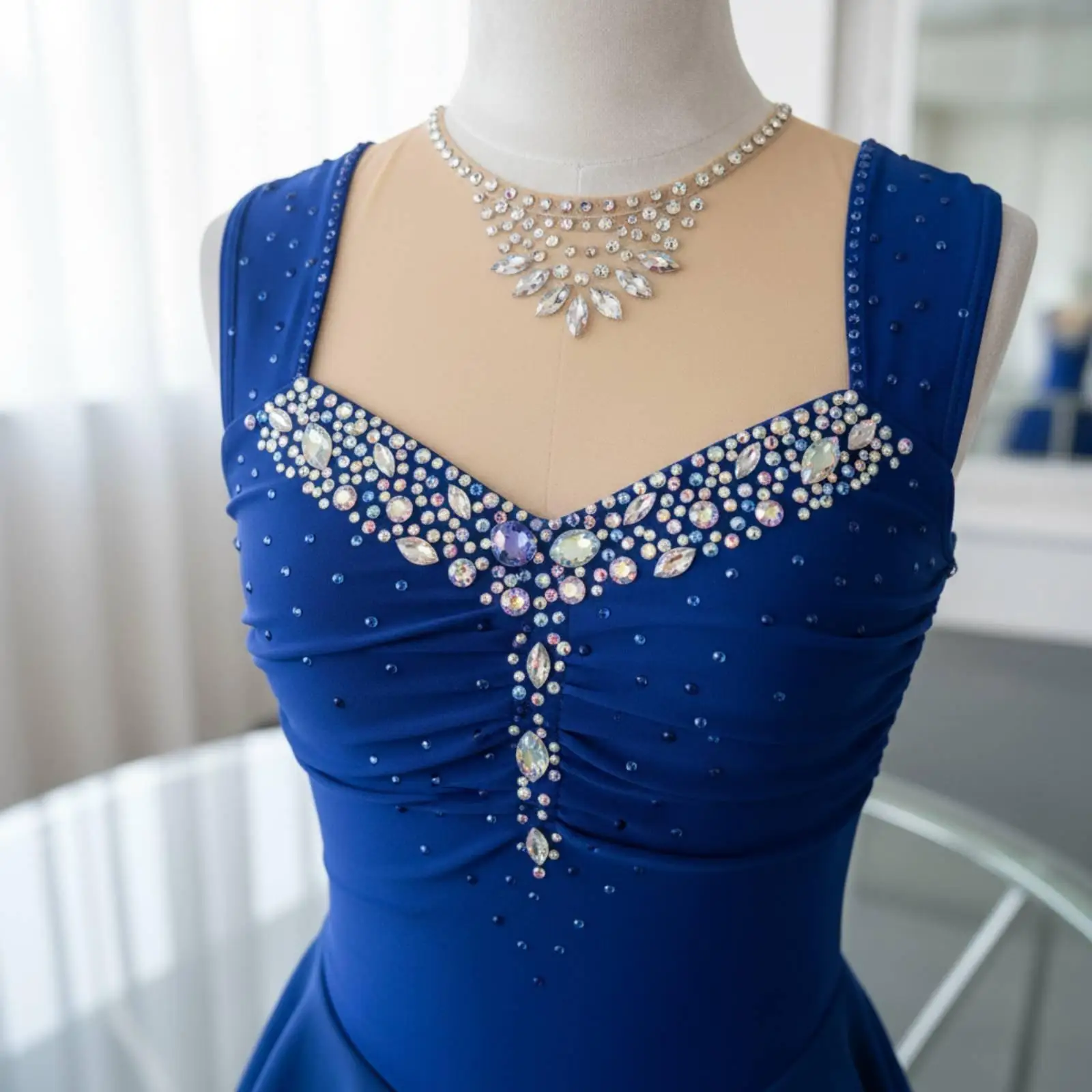 Stretchy Figure Skating Dress for Girls Women Rhinestone Embellished Ice Skating Gown with Flared Layered Skirt for Practice