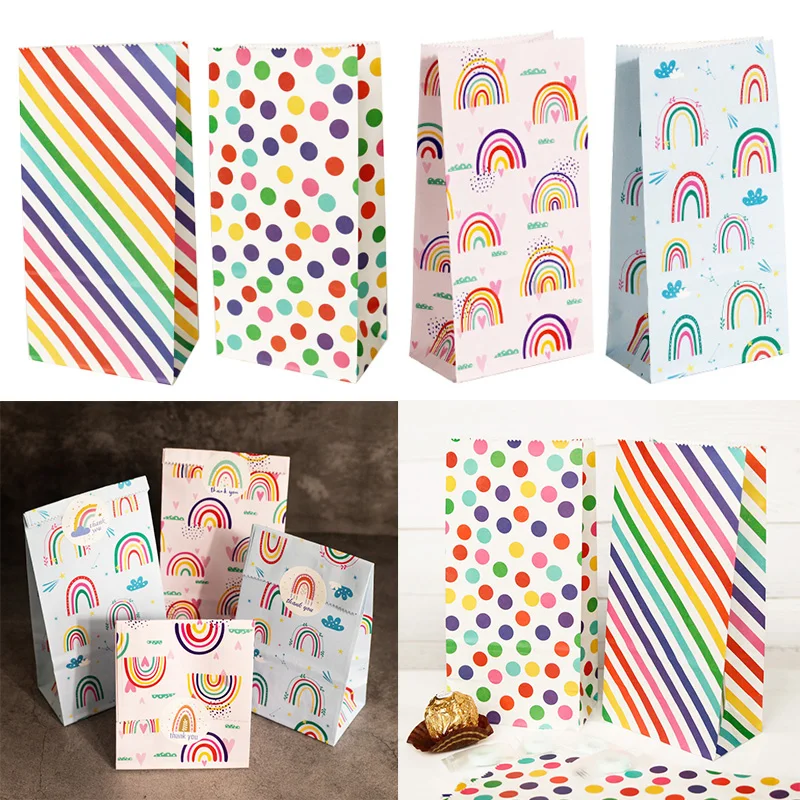 Small Paper Bags Rainbow Printed Candy Cookie Bag Pink Blue Kids Birthday Party Gift Bags Boxes DIY Baking Packaging Supplies