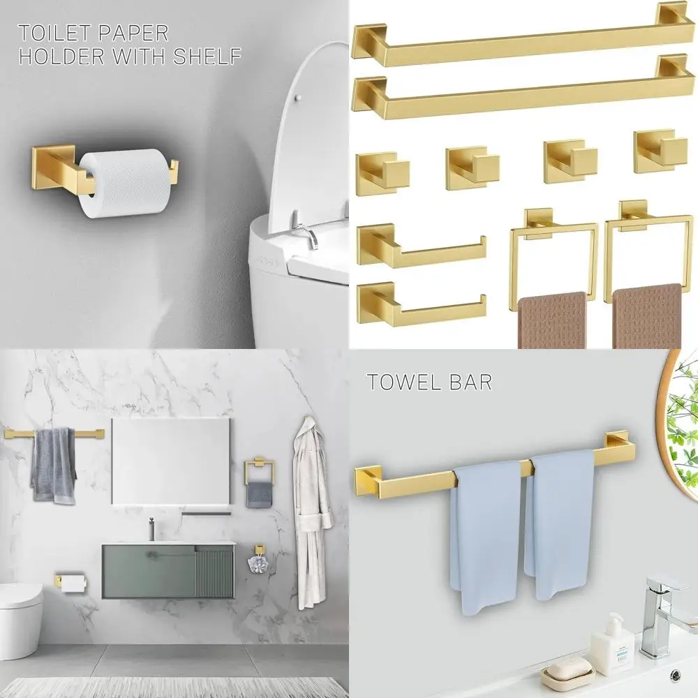 

10-Piece Brushed Gold Bathroom Accessory Set, Wall-Mounted Stainless Steel Towel Rack, 23.6-Inch