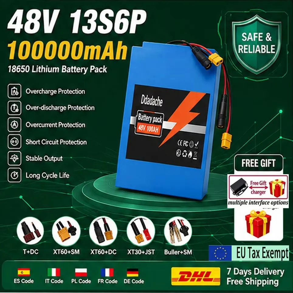 Batterie lithium 13S6P 48V 100Ah grande capacité 18650, 500W-2000W, adaptée aux scooters Citycoco, avec BMS 50A intégré, prise personnalisable