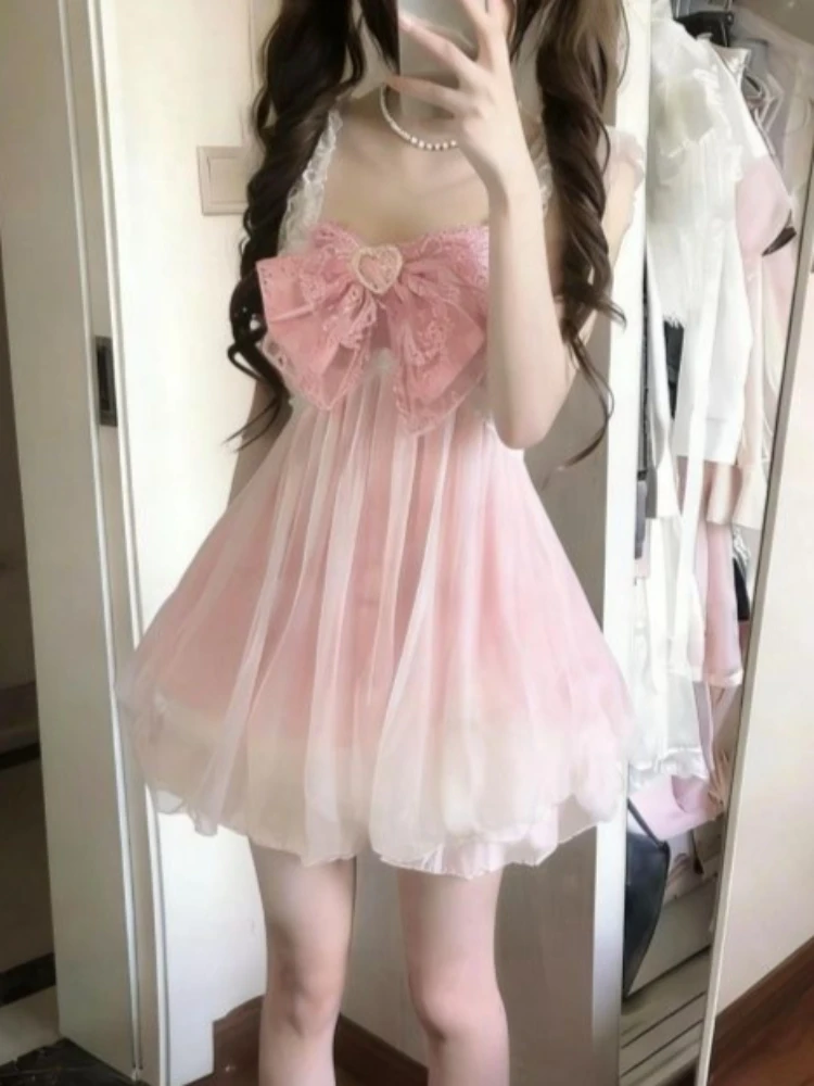 

Japanese Sweet Elegant Kawaii Lolita Dress Women Chic Cute Bow Design Strap Dress Harajuku Fashion Slim Lovely Outfits 2026 New