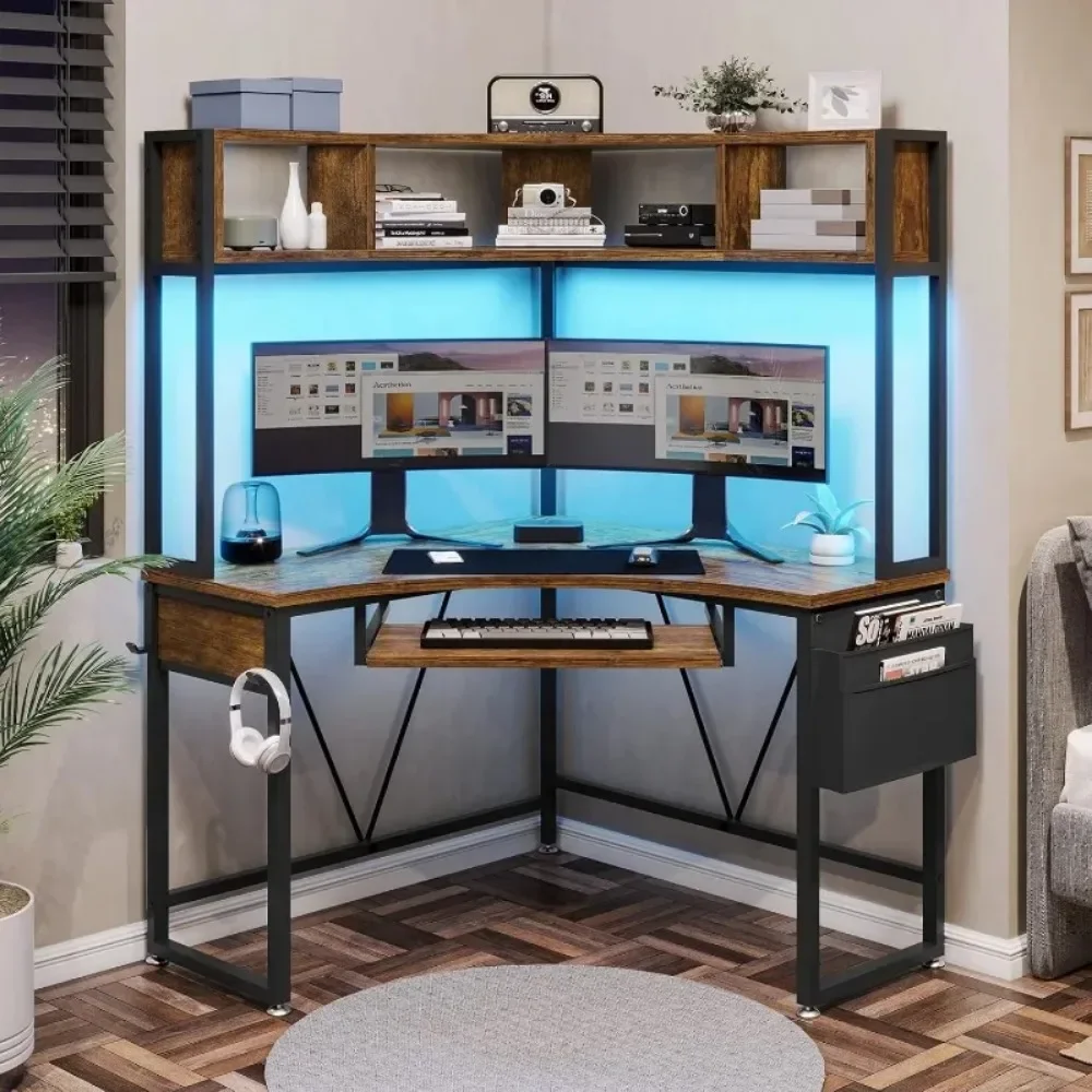 Small Computer Desk with Hutch & LED Lights, Triangle Corner Computer Desk with Keyboard Tray, Storage Bag