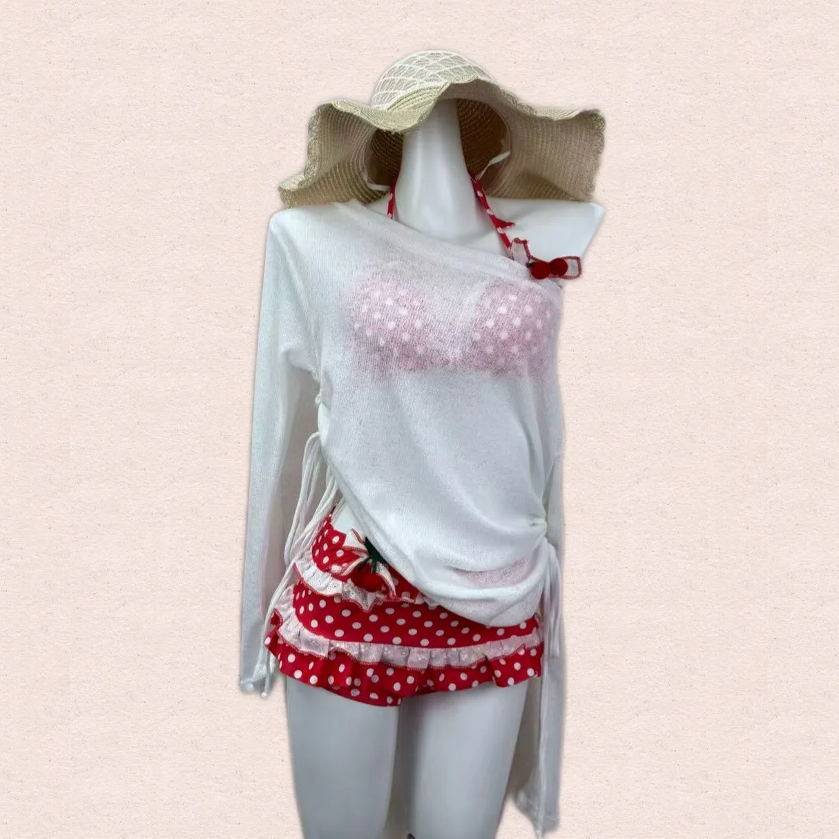 Swimwear Bikini Woman Cherry Print Bikinis Polka Dot Swimsuit Halter Top High Waist Two Piece Swimsuit Red And White Tie Side
