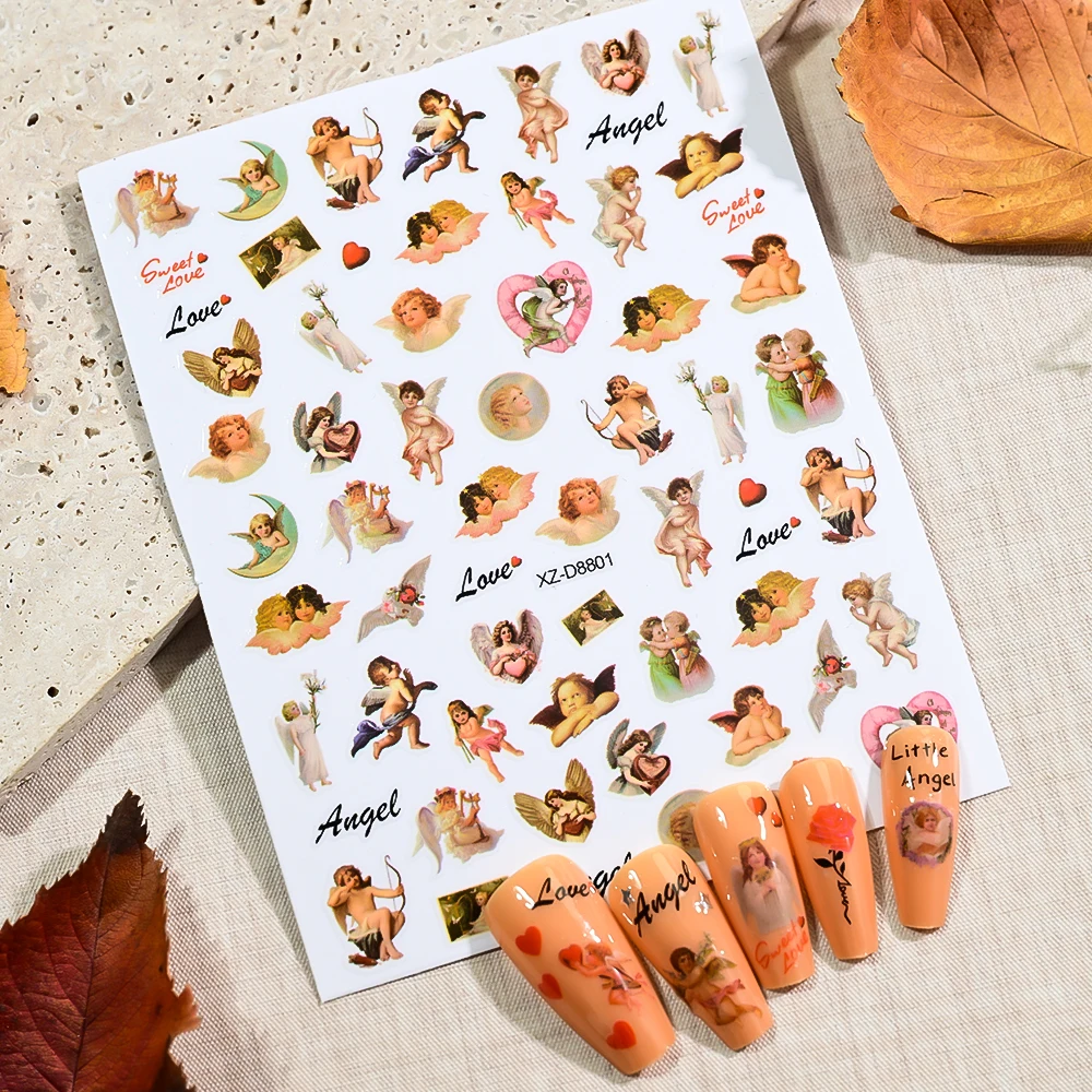 

1Pcs 3D Baby Angel Nail Stickers Cute Cupid,Flower Self-Adhesive Nail Decals European Retro Winged Angel Manicure Decor Stickers