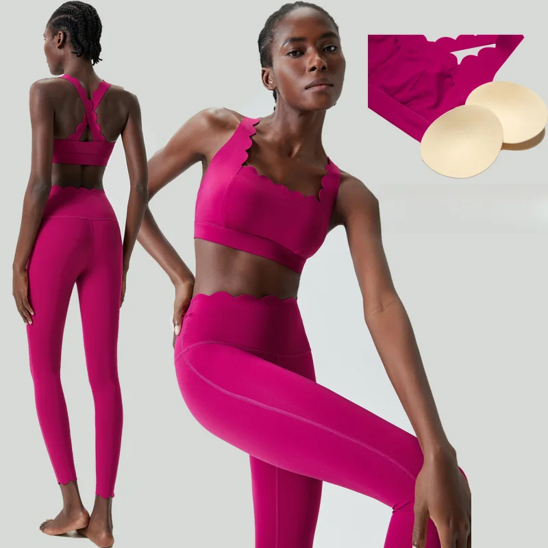 FUBEIKE Small Wave Yoga Gym Suit Women Plus Size Tight Sports Two Pieces Fitness Suit Quick-Drying Sportswear Workout Clothes