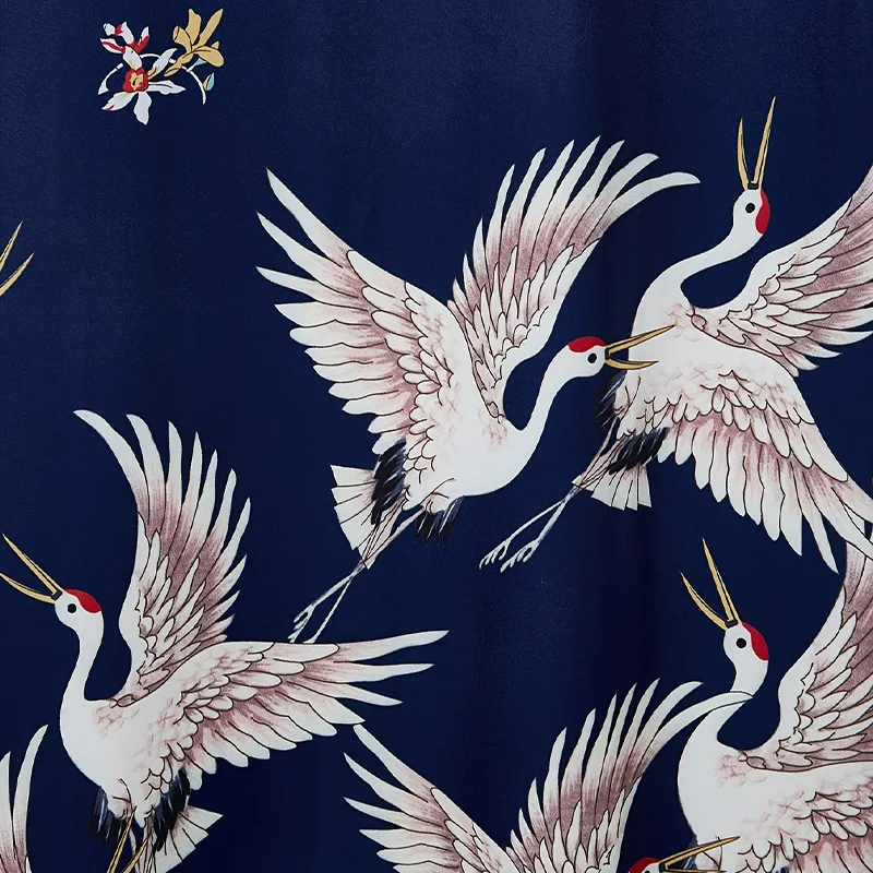 European and American Retro Loose Plus-Size Crane Print Vacation Beach Cover-Up Sun Protection Clothing Summer Mid-Length Slit Bathrobe Sexy Nightgown Cardigan Thin Jacket