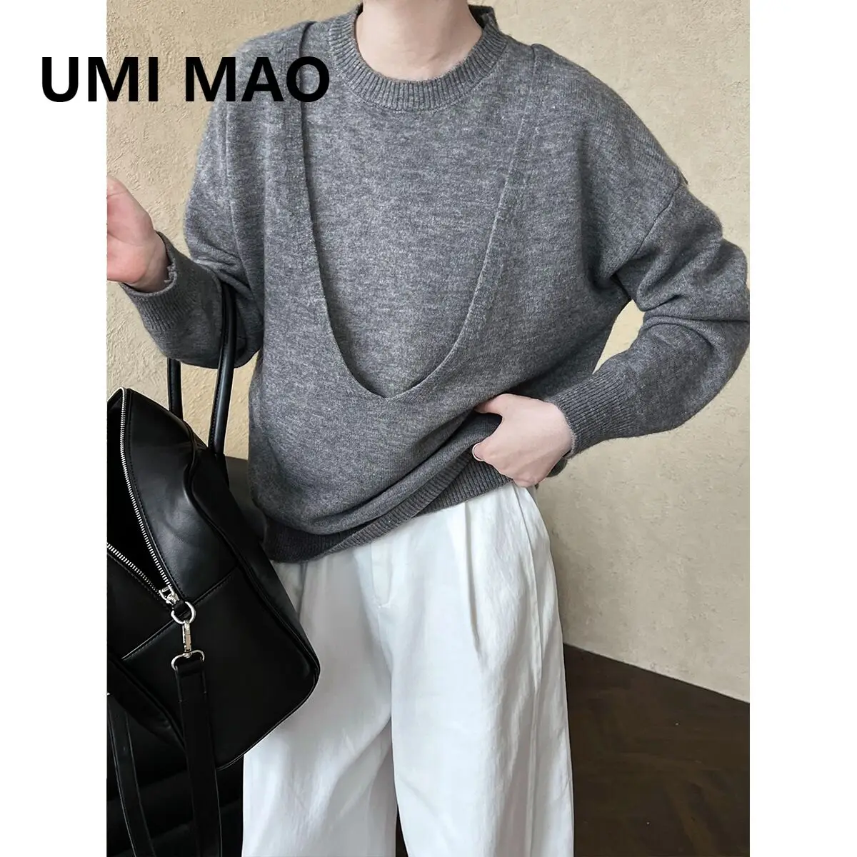 

UMI MAO Large U-Neck Sweater Two-Piece Set for Women 2024 Autumn New Casual Base Layer Knitted Sweater