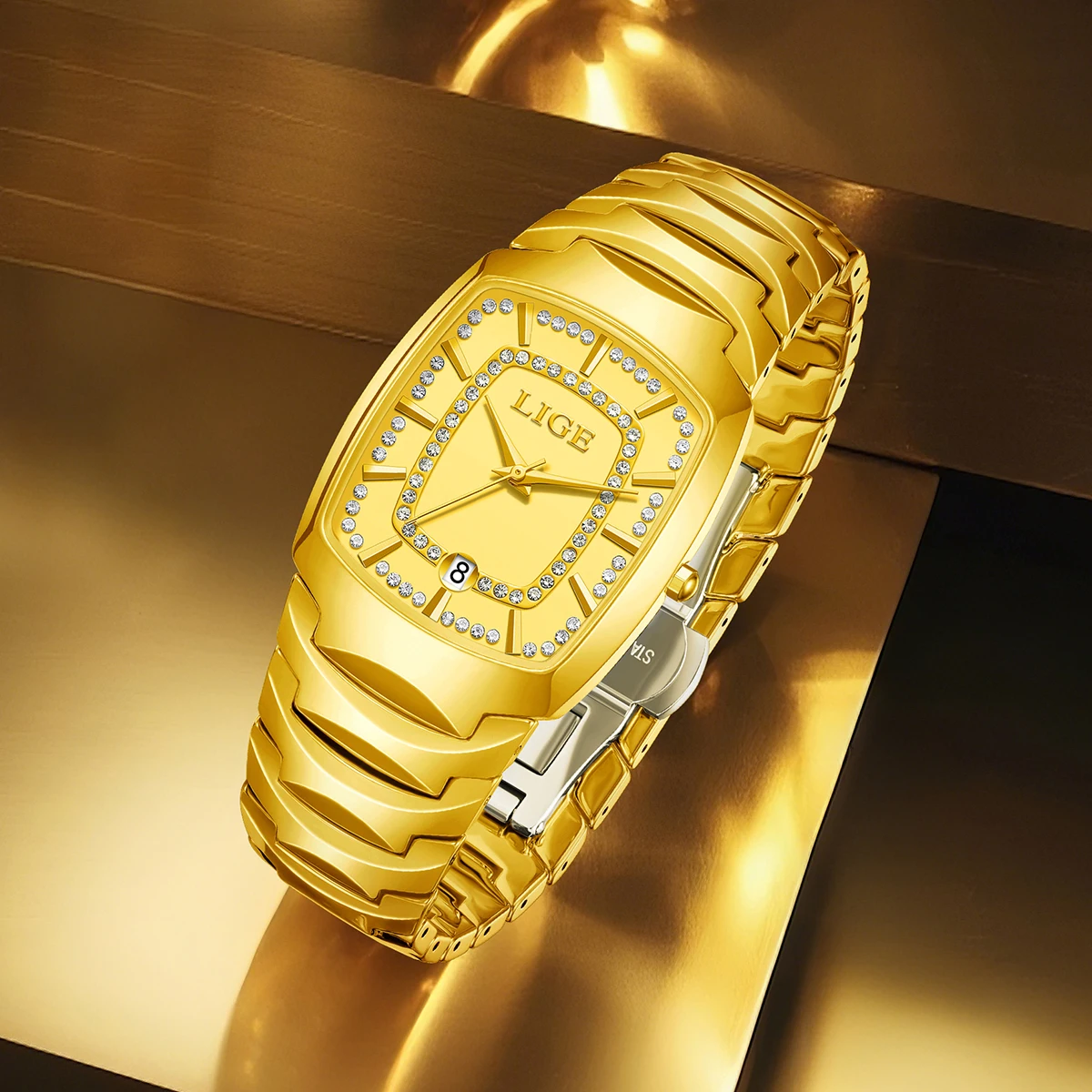 

LIGE 2025 New Luxury Women Watch Fashion Quartz Watch Diamonds Crystal Gold Color Stainless Steel Strap Clock Montre pour femmes