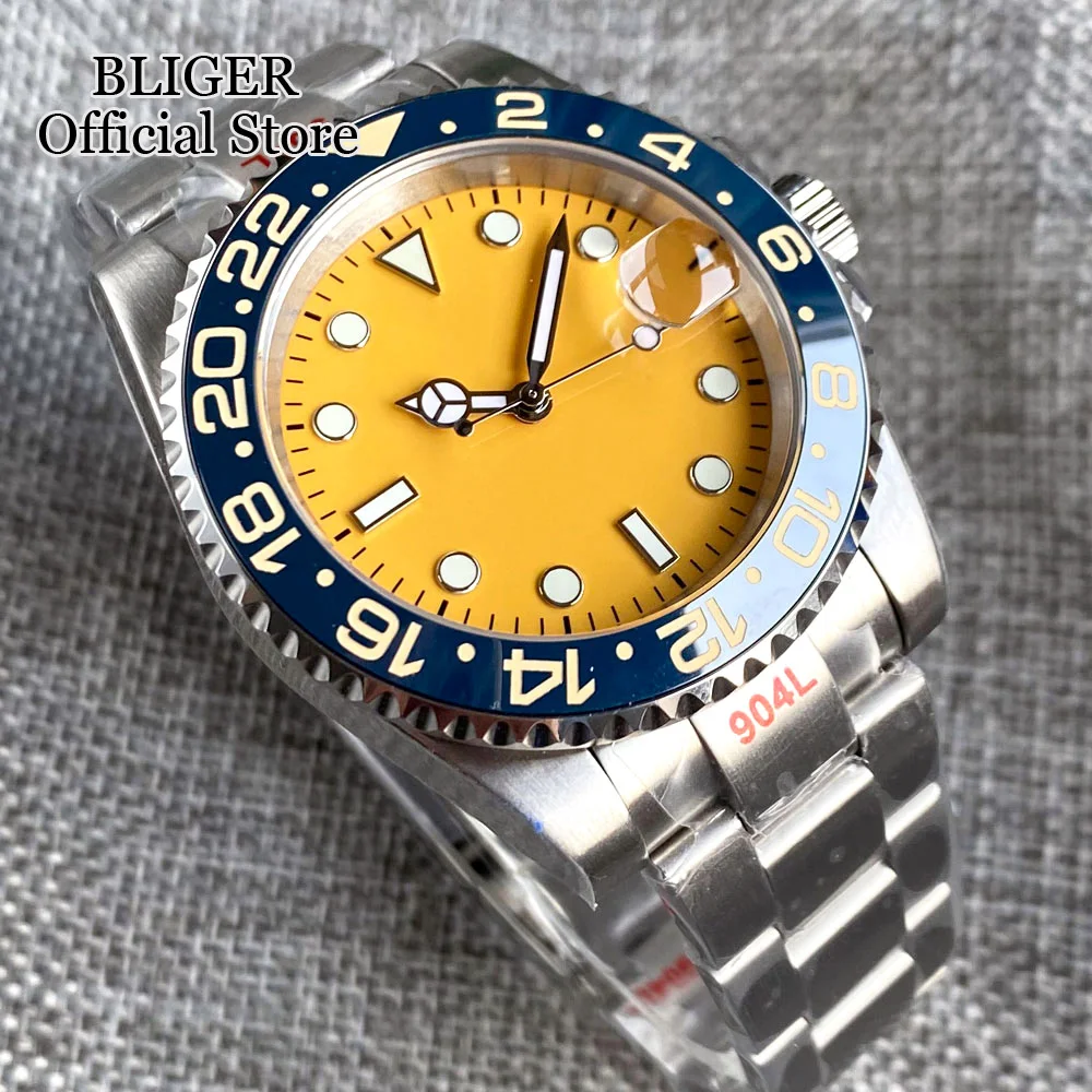 BLIGER 40mm  NH35A Movement Mechanical Automatic Watch For Men Luminous Yellow Dial Ceramics Bezel Insert Steel Bracelet