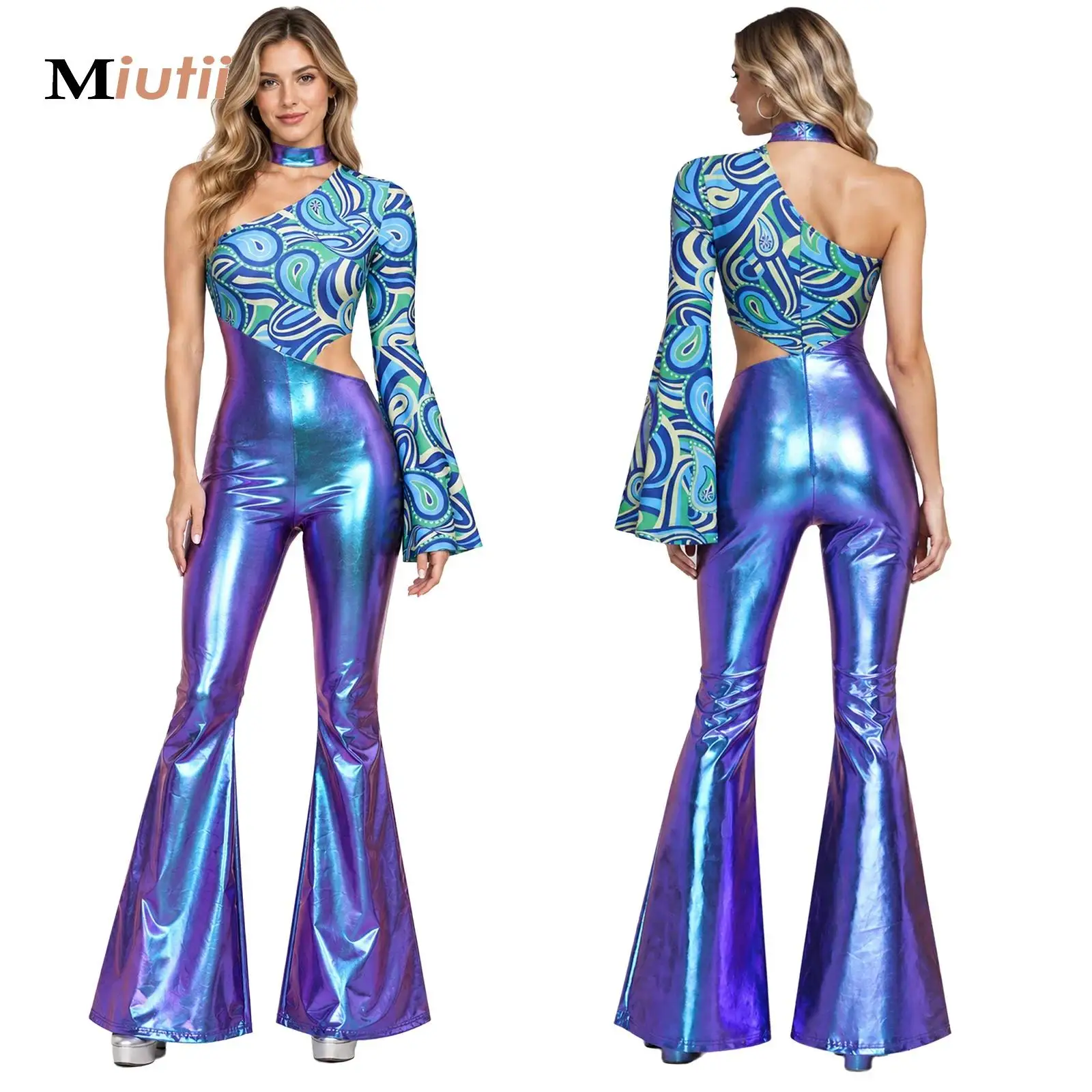 Women Party Clubwear 70S Disco Dance Singer Bell-bottom Jumpsuit Halloween Theme Retro Vintage Hippie Dress Up Costume Dancewear