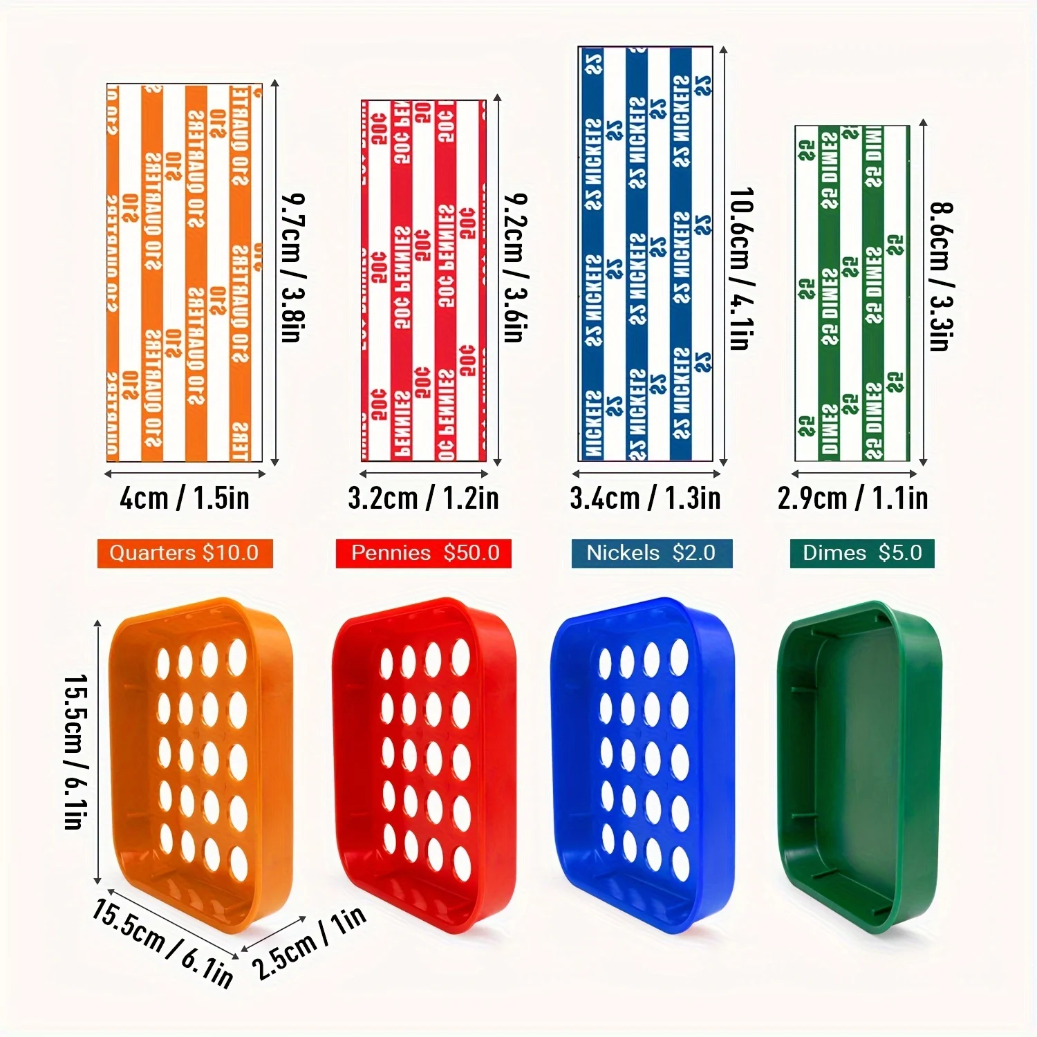 ABA Coin Sorters Tray & Coin Counters -4 Color-Coded Coin Sorting Tray 100 Assorted Flat Coin Roll Wrappers For US Coins