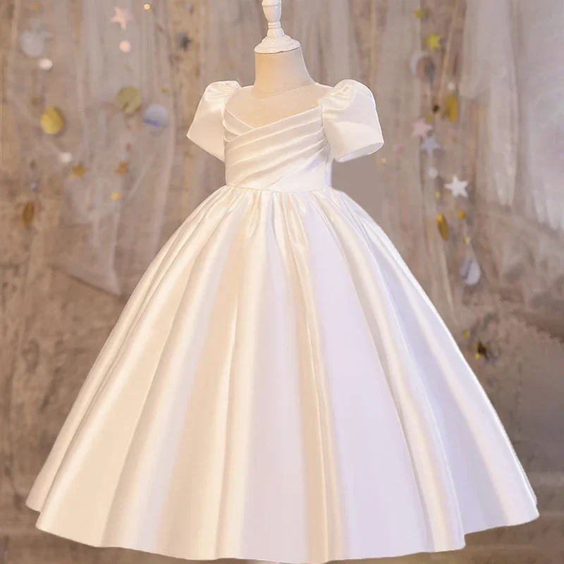 

Elegant Satin White Bridesmaid Girl Party Dress Cerenony First Communion Wedding Princess Prom Kids Dress for Girl Birthday Gown