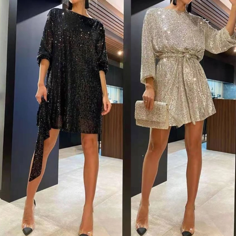 Womens Puff Long Sleeve Glitter Sequin Dress with Belt Evening Wedding Bridesmaid Sparkly Loose Fit Mini Short Dresses