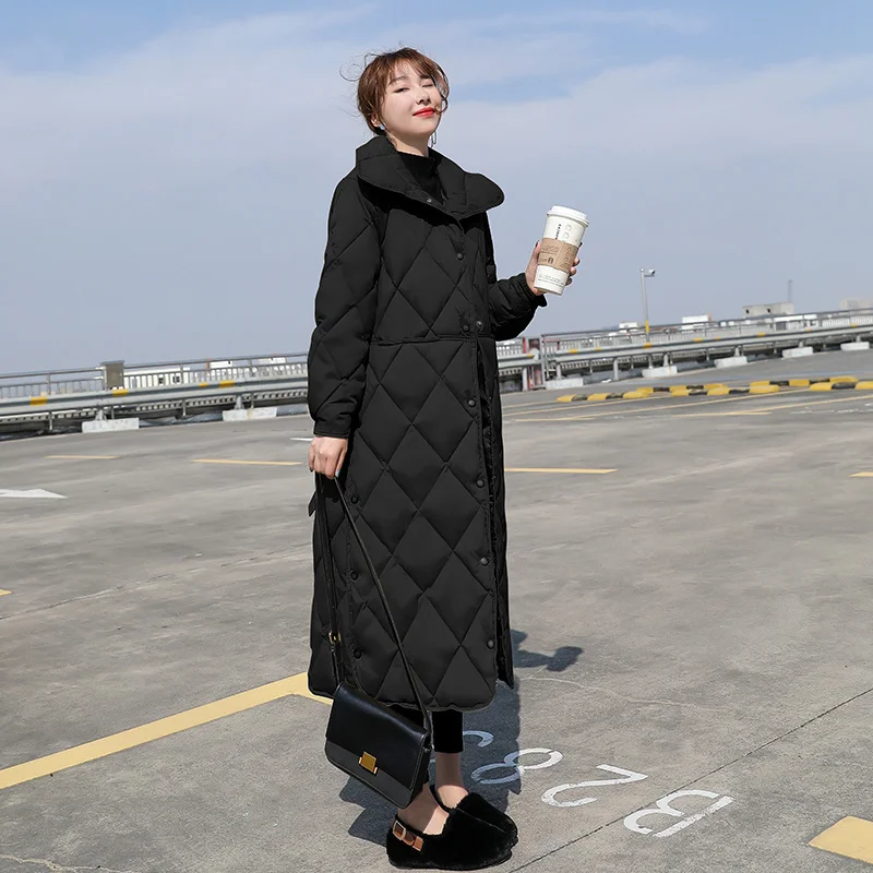 2021 Winter Long Overcoat Women Pattern Casual Sashes Parkas Female Pockets Puffer Jacket Cotton-padded Outwear