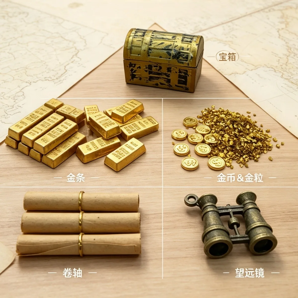 1set Mini Treasure with Telescope Map Gold Ingots Coins Silver Coins Props Pirate Scene Accessories Miniature Desktop Decoration