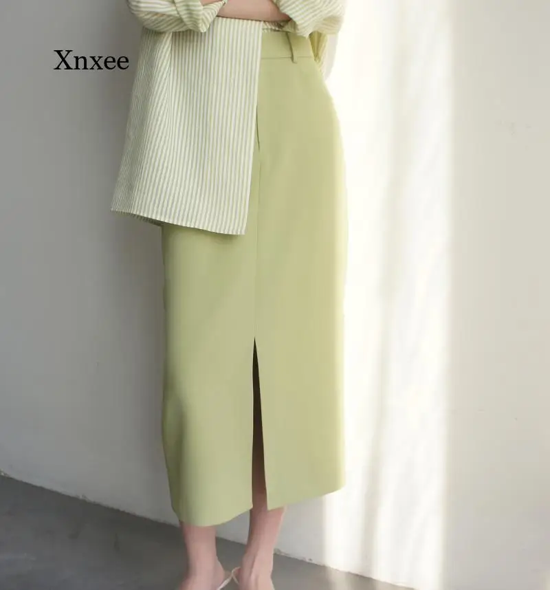 2022 Spring New Fashion Green High Waist Knee Front Split Skirt Fresh Stylish Chic Bottom with Pocket