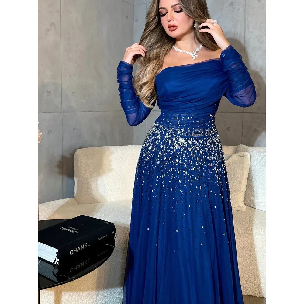 Customized Off The Shoulder Long Sleeves Prom Dresses Beadings Sequins Tulle A-line Floor Length Formal Party Dresses