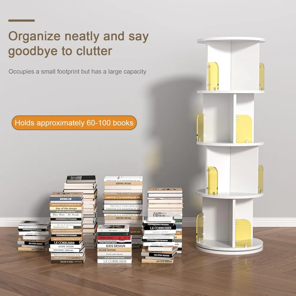 360° Rotating Bookshelf Tower, Round Stackable Storage Display Rack Floor Standing for Kids & Adults Solid Wood, White