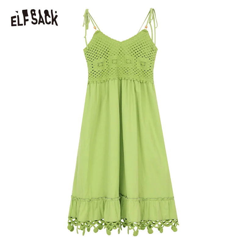 ELFSACK 2024 summer new arrival green hollow off-shoulder waist design holiday dress for women