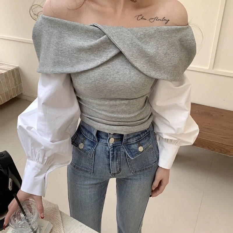 

Pure Desire One Collar Off Shoulder Shirt for Women Two Pieces of Color Blocked Bubble Sleeves Ins Slimming Top