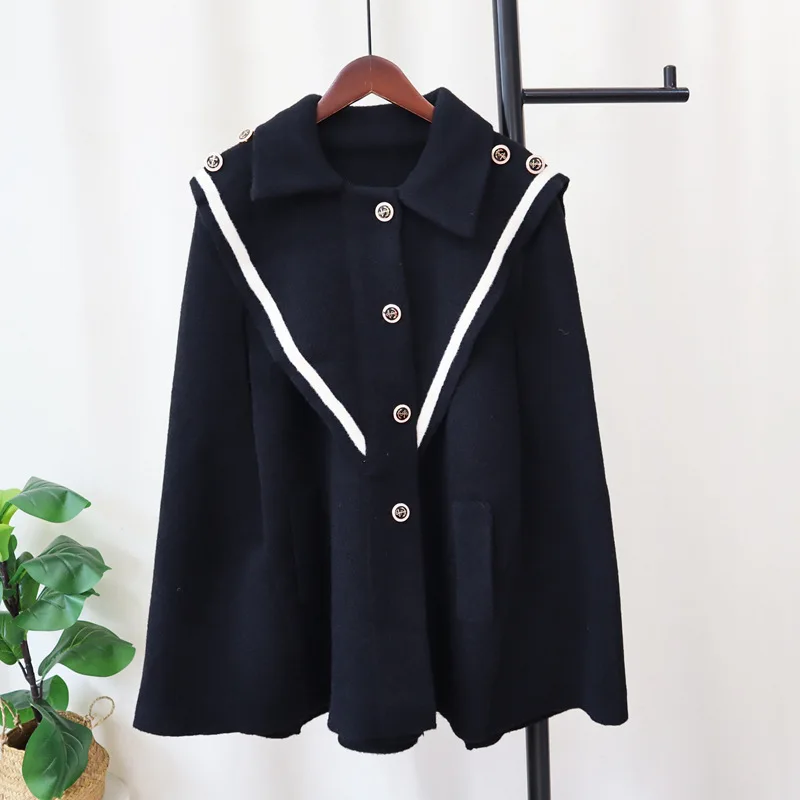 Women Wool Coat Shawl Turn Down Collar Single Breasted Blends Coats Solid Button Casual Pockets Cape Spliced Autumn Winter
