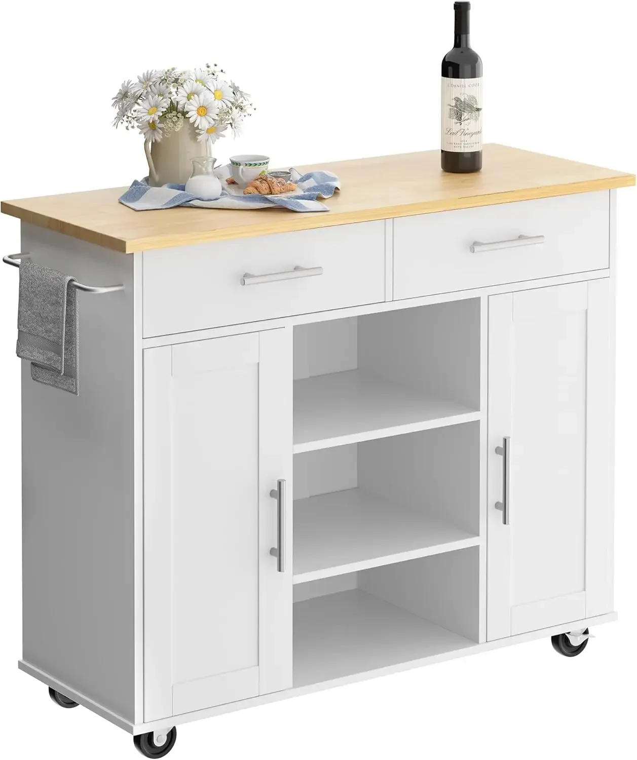 Kitchen Storage Island Cart with 3 Open Shelves, 2 Drawers, and 2 Cabinets on Wheels with Handle and Towel Rack in White