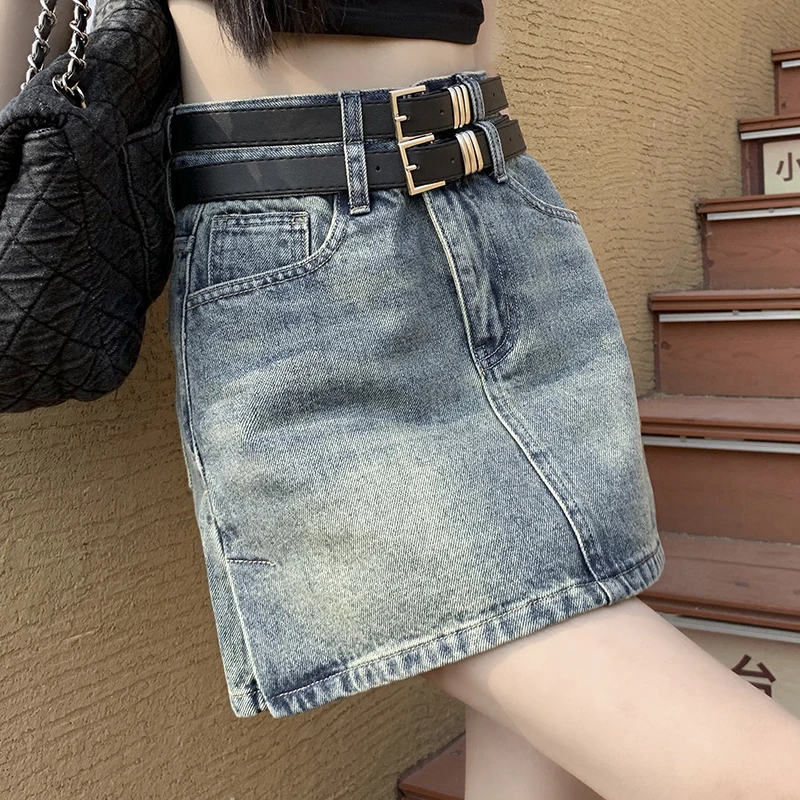 

with Belt Summer Beach Skirt Denim Skirts Y2K Streetwear Short Mini Skirt Sexy Beach Jean Skirt Girls Pocket Zipper Skinny Skirt