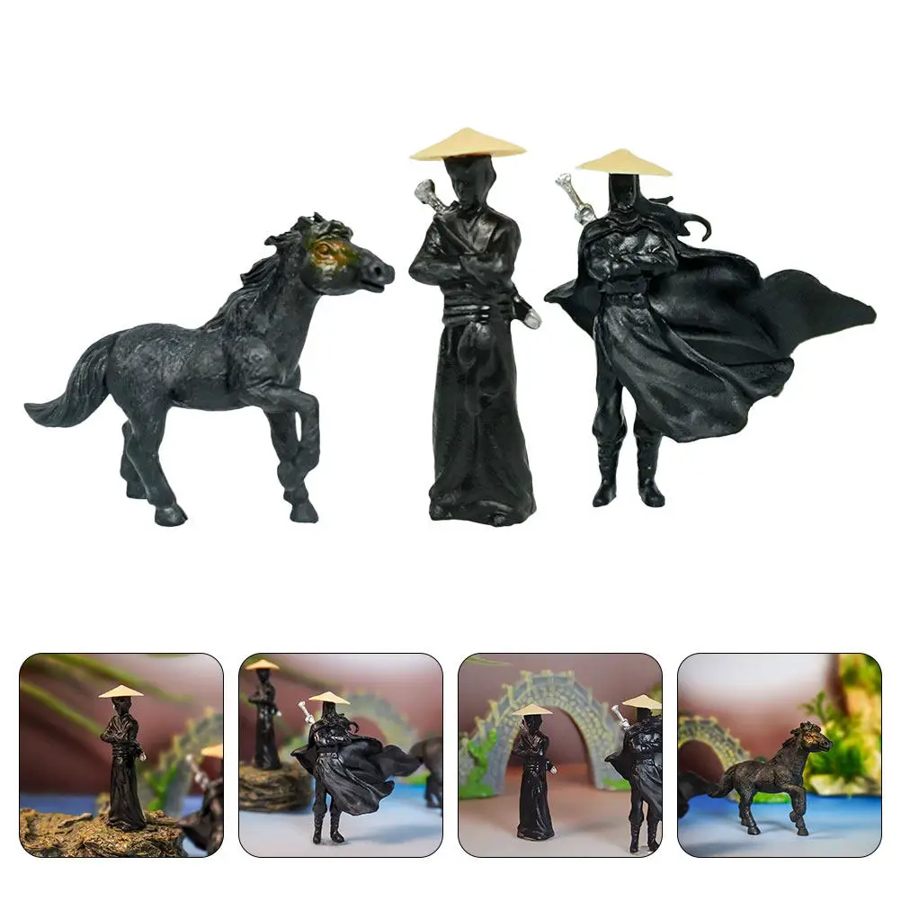 3Pcs Ancient Chinese Knight Sculpture Miniature Garden Bonsai Aquarium Decor Sand Table Layout Asian Martial Arts Ornament