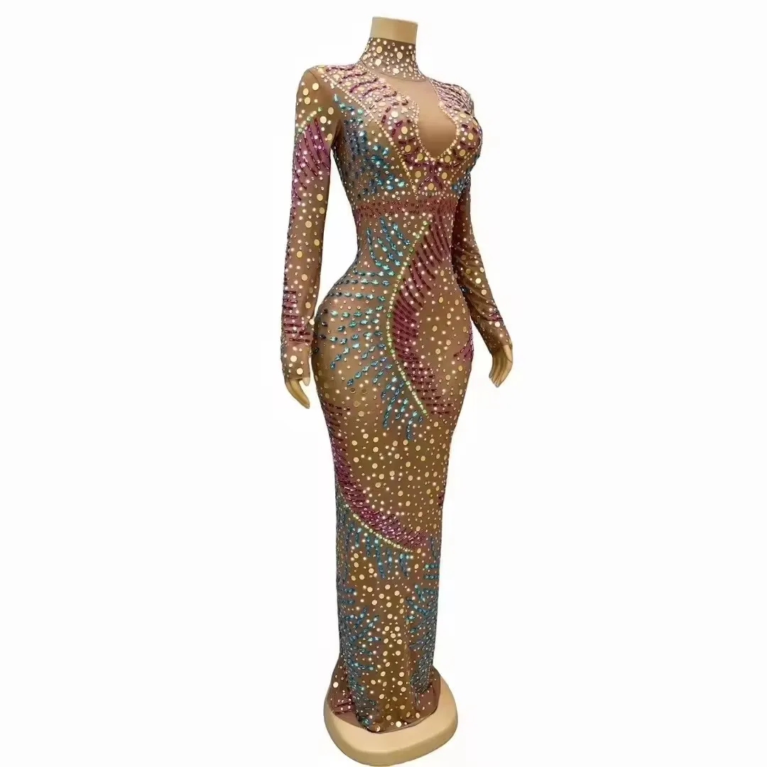 Vintage Shiny Mesh Women Rhinestone Long Dress Tight Prom Wedding Evening Party Celebrate Singer Model Stage Performance Costume