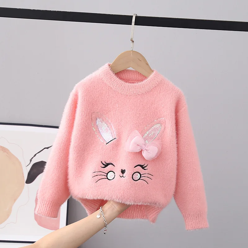 Girls Sweaters Baby Clothes Soft Smooth Flocking Pullover Bunny Bowtie Winter New Rabbit Children Knitted Sweater Child FY10201