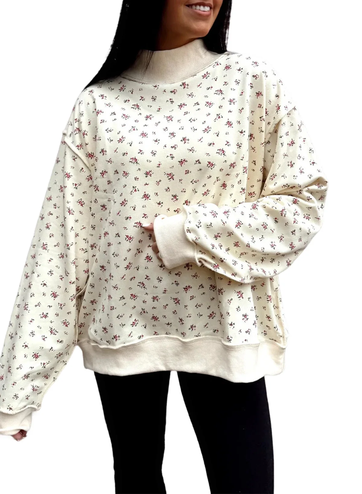 Shiying Sweater Women's Flower Pattern Beauty Size Loose Casual Turtleneck Long-sleeved Top Women