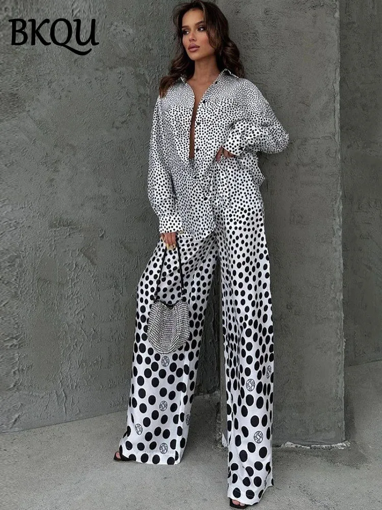 BKQU Casual Loose Print 2 Piece Sets Women Long Sleeve Button Shirts And High Waist Wide Leg Pants Matching Suit Chic Streetwear