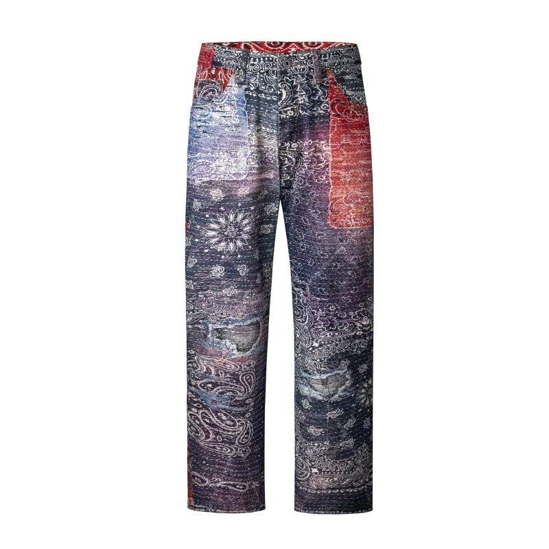 High Street Paisley Jeans marchio di moda da uomo personalità allentata Fashion Design Sense European Hip Hop bei pantaloni dritti