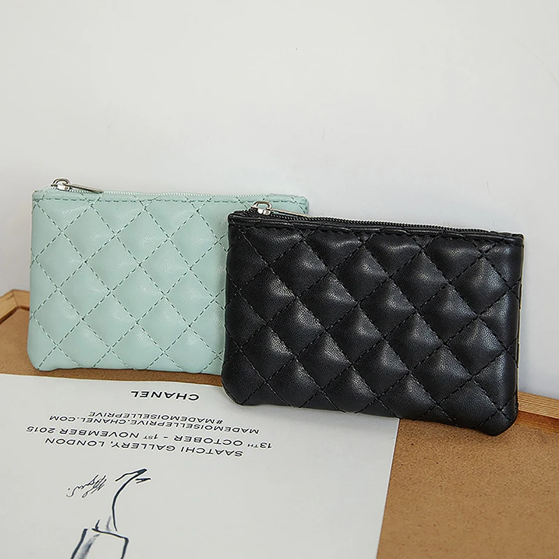 Women's Small Coin Purse PU Leather Zipper Wallet Fashion Slim Pocket Lattice Printed Business Card Holder Organizer Bag