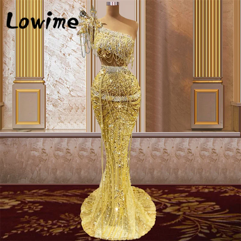 

Gold Arabic Party Dresses Beaded Tassel 2022 Mermaid Long Celebrity Dress One Shoulder Crystal Evening Gowns Wedding Party Dress