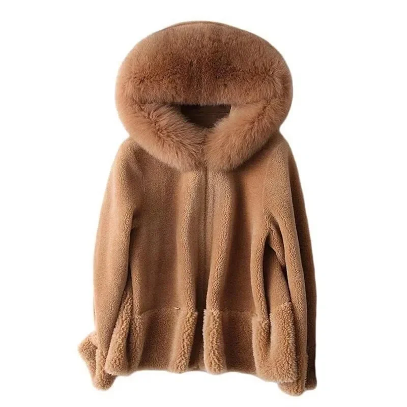 Faux Fur Coat Women's Sheep Shearling Autumn And Winter New Granular Velvet Korean Coat Short Fox Fur Collar Hooded Coat Female