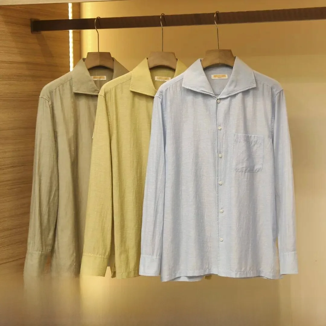 

Retro Naples Linen irt Casual Busin High Sense Long Sve Men's irt Stand Fit Cotton Polyester Blend