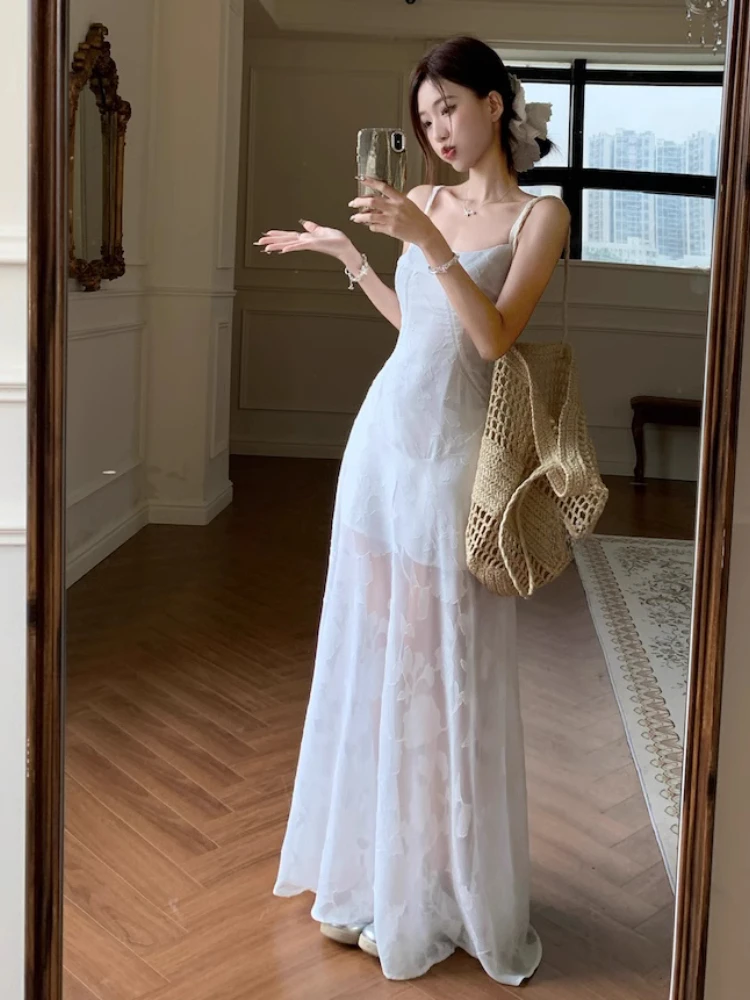 พิมพ์ลูกไม้ Camis ชุดผู้หญิงฤดูร้อน Holiday ชุดยาวสายเกาหลีแฟชั่นเซ็กซี่สูงเอวสปาเก็ตตี้ Vestidos De Mujer