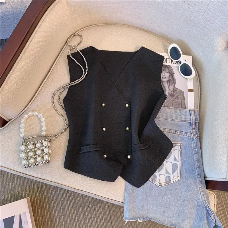 سترة تويد للنساء مزدوجة الصدر ورقبة على شكل V مستوحاة للخريف بطبقة أنيقة مصممة أوروبية بدون أكمام #3