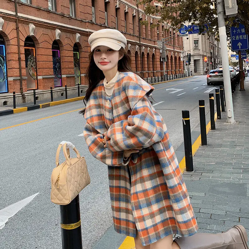 Color Plaid Jackets One Button Woolen Coat 2023 Autumn/Winter Design Style Double Breasted Lace Up Tie Loose Long Women Wool