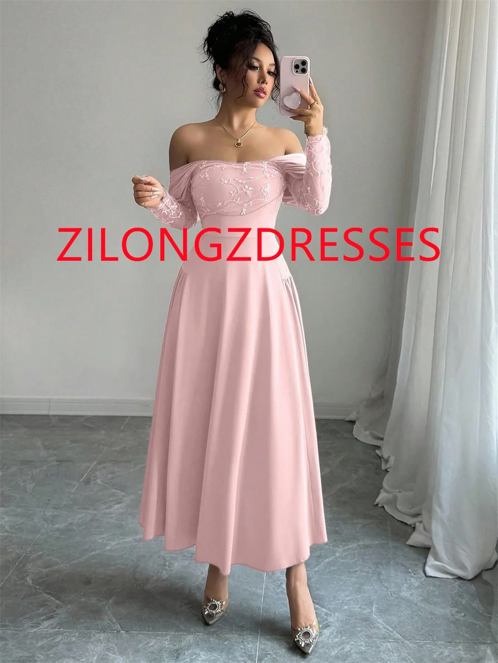 Customized Modern Pink Jersey Evening Dress Exquisite Strapless Off the Shoulder Long Sleeves Backless Open Back Celebrity Gowns